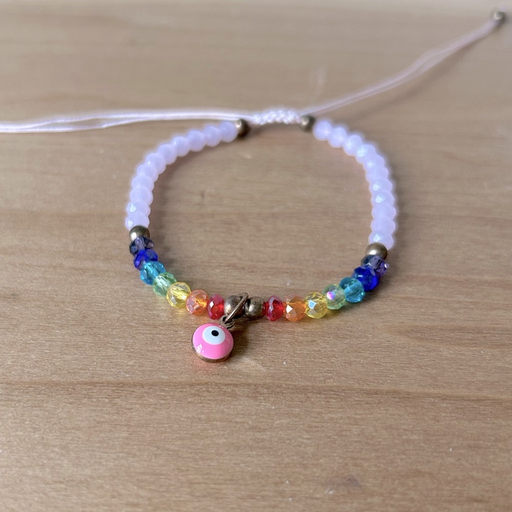 Rainbow pink rainbow chakra glass bead adjustable bracelet, evil eye